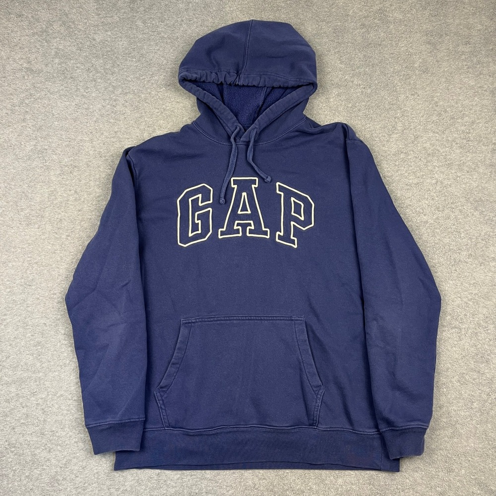 GAP Hoodie Men L Navy Blue Pullover Logo Fleece Long Sleeve Pocket